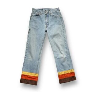 Vintage 90s Levi’s 501 Jeans Custom Brown Boho Stripe Hem USA Made Festival Wear